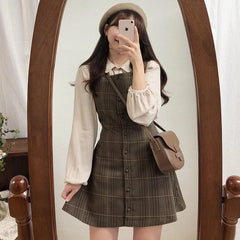 Voguable Cute Mini New Year Date Dresses Sleeveless Vest Women Korea Japanese Style Design Retro Vintage Plaid Button Shirt Dress voguable