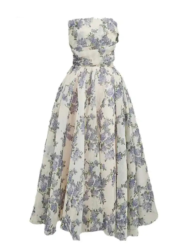 Vintage Printing A-line Folds Sling Dresses For Women Summer New High Waist Backless Pleated Long Dress voguable