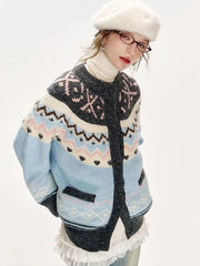 American Retro Print Cardigan Women Loose Lazy Wind Harajuku Knitted Sweater Casual Fall Winter Vintage O Neck Female Y2K Tops voguable