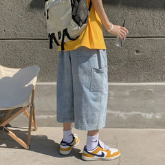 Voguable Men Loose and Versatile Straight Denim Men's Season Thin Wide-leg Cropped Pants voguable