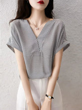 Voguable Women's V-Neck Short Sleeve Striped Blouse Rolled Cuff Loose Fit Casual Daily Top voguable