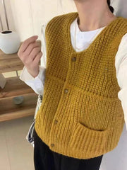 Chunky Knit Sweater Vest for Women Button Up Sleeveless Knit Top with Front Pockets Korean Ladies Casual Chic Outfit voguable