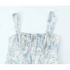 Sexy Elegant Women French Floral Print Sling Midi Dresses Front Slit Lacing Up Back Female A-line Summer Dress Holiday