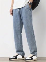 Voguable Men's Straight-Leg Jeans with Adjustable Drawstring Waist, Made of Breathable and Soft Fabric, Loose Casual Style. voguable