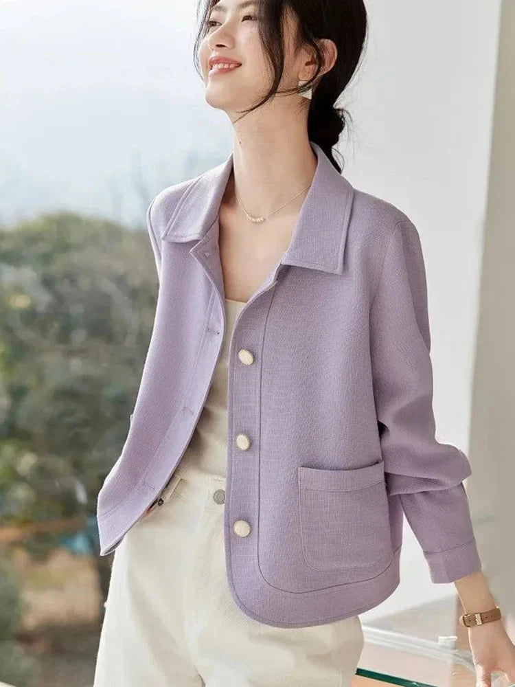 Elegant Slim Purple Jacket Women Sweet Long Sleeve Small Fragrance Coat Casual Fall Winter Lady French Pockets Fashion Tops voguable
