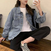 Vintag Distressed Autumn New Denim Jackets Women Lapel Solid Pockets Button High Street Long Sleeve Loose Short Cowboy Coats Top voguable
