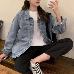 Vintag Distressed Autumn New Denim Jackets Women Lapel Solid Pockets Button High Street Long Sleeve Loose Short Cowboy Coats Top voguable