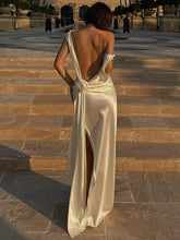 Satin Backless Sexy Maxi Dress For Women Elegant Rose Thigh High Split Beach Holiday Long Dress Gorgeous Club Gown voguable