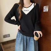 Voguable New Autumn Women's Striped Round Neck Long Sleeved Top Spring Korean Comfortable Versatile Fake Two Piece Bottom T-shirt voguable