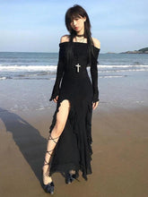 Voguable Black Slash Neck Party Dresses Elegant Fashion Ruffled Side Slit Slim Long Dress Off Shoulder Women Vacation vestidos voguable