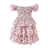 Voguable Sexy Off Shoulder Floral Print Cake Party Mini Dresses Women Short Sleeve Layered Holiday Summer Dress Beautiful Robe voguable