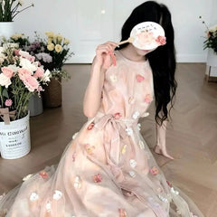 Voguable Hanging Neck Fairy Dress For Women New Summer Sleeveless Floral Long Dress French Style Vacation Party Dress voguable
