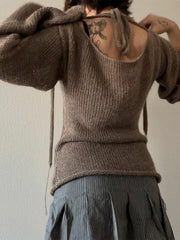 Fashion Women's T-shirt Tie Back Sweaters Long Sleeve Boat Neck Solid Color Knit Pullover Casual Tops Streetwear Y2k Summer Cami voguable