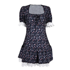 Voguable Summer Vintage Lace Print High Waist Dress Sexy Mini A Line Dresses Street Chic For Woman Puff Sleeve Holiday Dress voguable