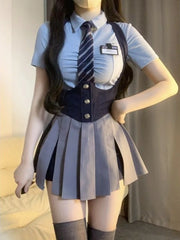 Voguable Autumn College Style JK Uniform Set Slim Shirt with Striped Tie Y2K Girls High Waist A- Line Pleated Skirt Fashion Suit voguable