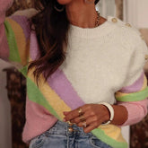 Voguable Women Casual Knitted Sweaters Elegant Shoulder Buckles Striped Patchwork Fashion Pullovers Fall Winter All Match Chic New Tops voguable