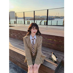 New Korean Temperament Short Suit Jacket + White Shirt + High Waist Pleated Skirt Three-piece Women's Clothing voguable