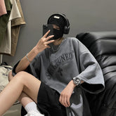 American vintage short sleeved T-shirt men summer tide ins suede loose drop shoulder oversize five point sleeve shirt y2k tops voguable