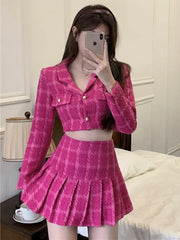 Voguable Matching Set Rose Pink Plaid Women Cropped Tweed Blazer High Waist Pleaste Mini Skirts Suits Ladies Fashion 2 Piece Sets voguable