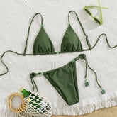 Voguable Sexy Green Bikini Women Bead String Push Up Bra Tie Side Bandage Thong Swimsuit Summer Bathing Suit Backless Micro Swimwear voguable