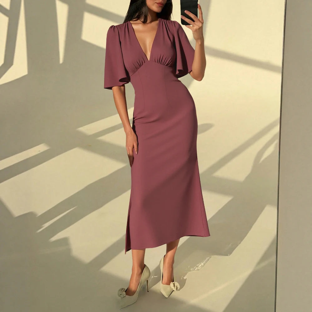 Dresses Summer French Elegant Decent Fashion 2025 Plain Sexy Short Sleeve V-Neck Midi Vacation Long Dresses voguable