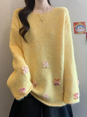 Sweet Floral Chic Sweater Women O Neck Cute Long Sleeve Knitted Jumpers Fashion Preppy Style Loose Lazy Wind Lady Fall Pullover voguable