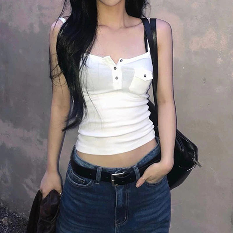 y2k Tops Women Solid Color Button Front Spaghetti Strap Sleeveless Camisole with Pocket Decor 2000s Vest Streetwear voguable