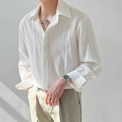 Black Apricot White Long-sleeved Shirt Men Fashion Social Mens Dress Shirt Korean Loose Casual Pleated Shirts Mens Formal Shirt voguable