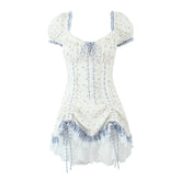 High Quality Women Vintage Drawstring Lace Trim Floral Print Mini Dress Puff Sleeve Ruffle Hem Summer Female Party Robe