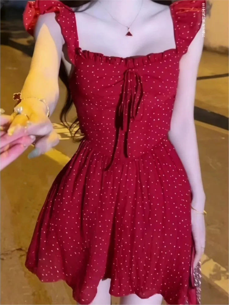 Women's Sexy Hotgirl Dot Dresses Summer French Slash-Collar Slim Fit Hollowed Waist Lace-up A-Line Short Skirt 2025 New Fashion voguable