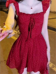 Women's Sexy Hotgirl Dot Dresses Summer French Slash-Collar Slim Fit Hollowed Waist Lace-up A-Line Short Skirt 2025 New Fashion voguable