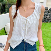 Voguable Lace Sleeveless Lace Up Korean Women Shirt All Match Plaid Casual Solid Female Tees Pleats Fashion Daily O Neck Ladies Tops voguable