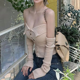 Voguable Spring Summer New Women's Off Shoulder Top Sexy Knitted T-shirt with Detachable Sleeves Dongda Gate Korean Style Fashion Clothes voguable