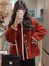 Red Faux Lamb Sweet Coat Women Korean Long Sleeve Winter Warm Jacket Vintage Casual O Neck Elegant Pearls Buttons Cute Tops voguable