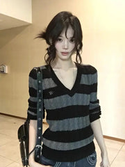 V Neck Vintage Striped Sweater Women Sexy Slim Long Sleeve Y2K Knitted Jumper American Retro Harajuku Letter Fall Pullover voguable