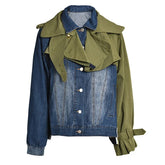 Army Green Denim Color-block Big Size Jacket Loose Fit New Lapel Long Sleeve Women Coat Fashion Spring Autumn voguable