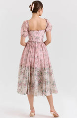 Fashion Pink Floral Contrast Color Dress Women's Square Collar Slim Fir Lace Up Waist Mid-calf Dresses Summer New 3A109 voguable