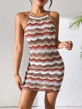 Voguable Sexy Hollow out Knitted Strap Dress Mid-Length Stripe Pattern Summer Slim Fit Gown Hanging Neck Design Chinese Origin Women's We voguable