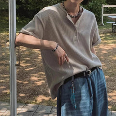 New Fashion American Style Men T-shirt Luxury Striped Knitted Henry Collar Tees Casual Solid Color Short Sleeve Breathable Tops voguable