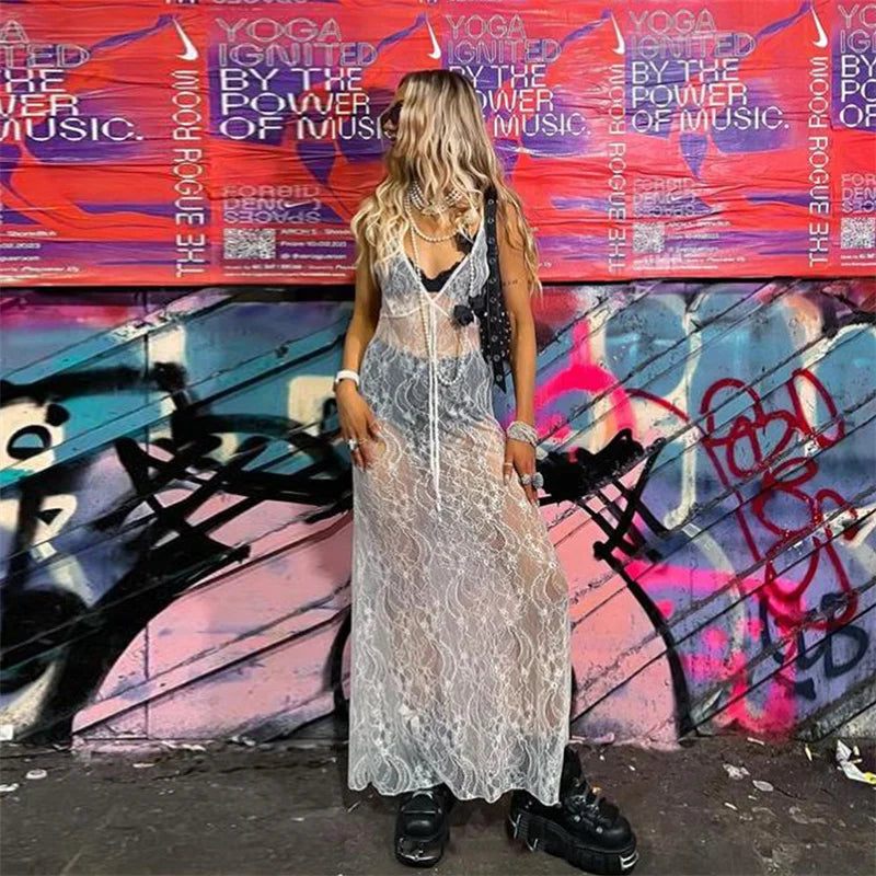 Lace Dresses y2k Women Sheer See Through Deep V Neck Hollow Out Bodycon Long Dresses Summer Going Out Party Dresses voguable