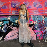 Lace Dresses y2k Women Sheer See Through Deep V Neck Hollow Out Bodycon Long Dresses Summer Going Out Party Dresses voguable