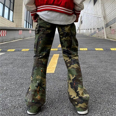 Y2K Fashion Ink Graffiti Baggy Tracksuit Cargo Flare Pants Men Joggers Camouflage Women Casual Long Trousers Ropa Hombre voguable