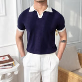 New Trend Men Business Polo Shirt Light Luxury Popular Slim V Neck T-shirt Leisure Patchwork Short Sleeve Tops Retro Knitwear voguable