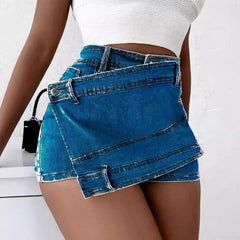 Voguable Fashion Irregular Splicing Women's Denim Shorts Summer High Waisted A-line Jean Skirt Shorts Woman Slim Washed Blue Cowboy Pants voguable