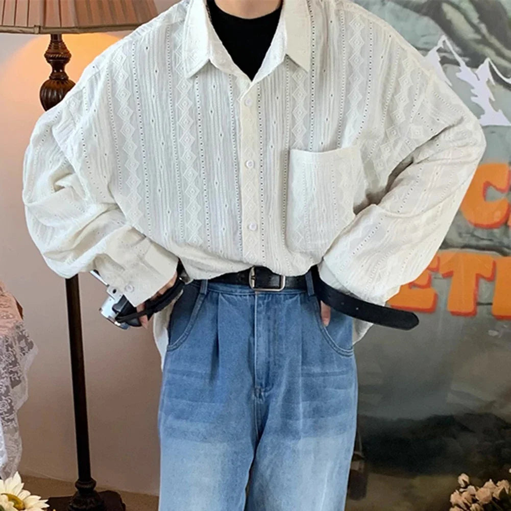 Shirts For Men Apricot Handsome Lapel Men Blouse Vacation Hollow Out Sexy Fashion Men Clothing Male Mesh Long-sleeved Shirts voguable