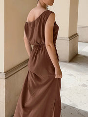 Slanted Shoulder Fashion Long Dress 100% Cotton Sleeveless Brown Retro Women Dress 2025 New Casual Vacation Summer Dresses voguable