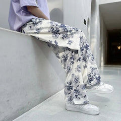 Summer Flower Pants Men Oversized Printed Wide Leg Pants Men Streetwear Korean Loose Straight Casual Pants Mens Trousers M-3XL voguable