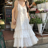 Voguable White Lace-up Midi Dresses Sweet Gentle Ruffle Casual Loose Mesh Backless Sleeveless Vacation Summer Women Long Dresses voguable