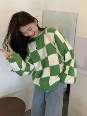 Voguable Japan Vintage Women Plaid Sweater Oversize Loose Lazy Wind Knitted Pullover Preppy Style Casual Harajuku Fall Winter Top voguable