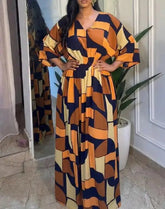 Voguable Spring/Summer New Collection Color blocked Geometric Print V-neck Bat Sleeve Ruffle Tank Top Casual Waist Wide Leg jumpsuit voguable